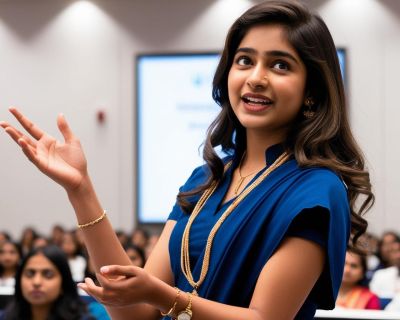 create image indian lady student speaking in public