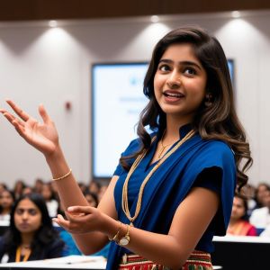 create image indian lady student speaking in public