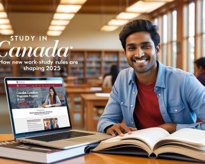 indian student with title Study in Canada_ How New Work-Study Rules Are Shaping 2025