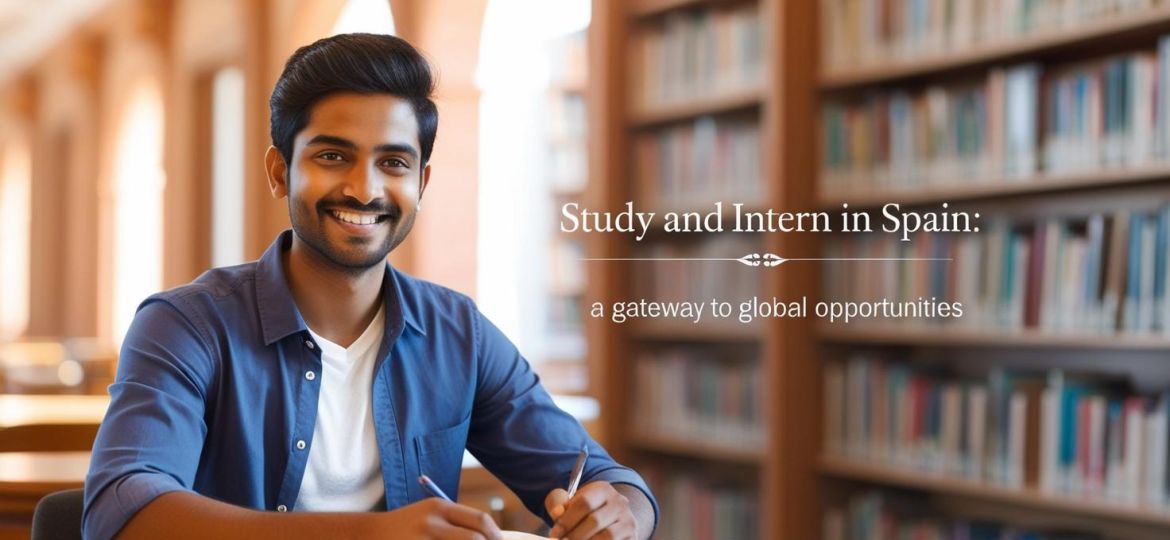 real indian student image with write title Study and Intern in Spain_ A Gateway to Global Opportunities_________