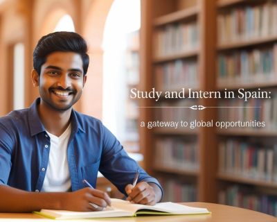 real indian student image with write title Study and Intern in Spain_ A Gateway to Global Opportunities_________