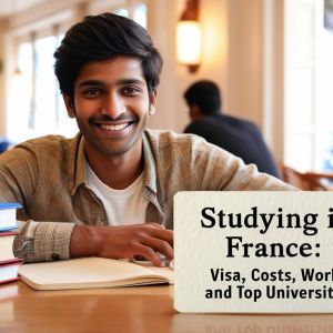 real indian student image with write title Studying in France_ Visa, Costs, Work, and Top Universities____